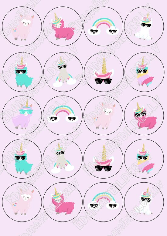 Cukura papīrs ar apdruku "Lama Unicorn", kapkeiku aplīši 5 cm